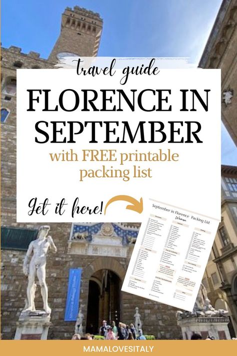 image of piazza della Signoria in Florence with preview of Florence packing list and text: travel Guide, Florence in September with free printable packing list, get it here Italy In September, September Travel, Best Places In Italy, Printable Packing List, Florence Italy Travel, Visit Florence, Firenze Italy, Things To Do In Italy, Italy Itinerary