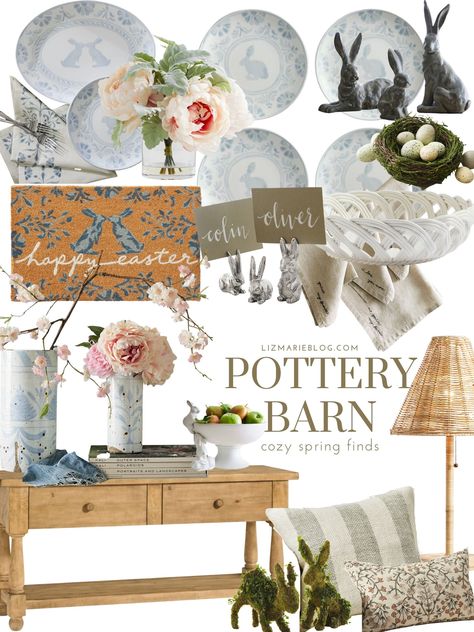 Pottery Barn Winter Decor, Spring Decor Cottagecore, Pottery Barn Bliss Quilt, Pottery Barn Bunny Lamp, Pottery Barn Easter, Neutral Cottage, Cottage Core House, Pottery Barn Style, Cottage Farmhouse Decor