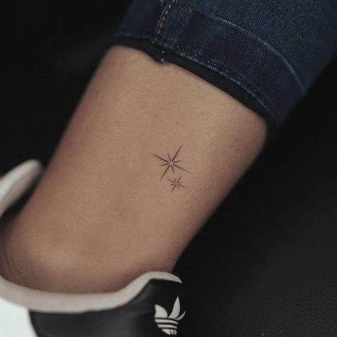 Minimalist north star tattoo on the ankle. Stars On Ankle Tattoo, North Star Minimalist Tattoo, Northern Stars Tattoo, Second Star To The Right Tattoo Simple, North Stars Tattoo, North Star Ankle Tattoo, Simplistic Star Tattoo, Star Tattoos On Ankle, Star On Ankle Tattoo