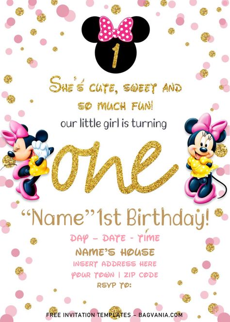 Minnie Mouse Birthday Invitations Free Template, Minnie Mouse Invitation Template, Free Baby Shower Invitations, Free Printable Baby Shower Invitations, First Bday, Minnie Mouse Birthday Invitations, 1st Birthday Invitation Template, Minnie Mouse Birthday Decorations, Minnie Mouse Invitations