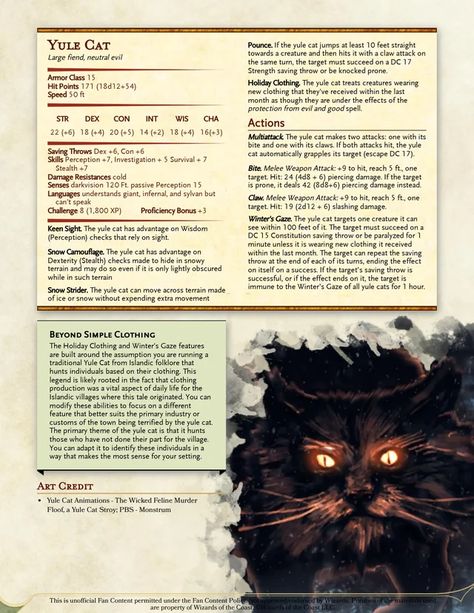 The Yule Cat: A Christmas Monster from Icelandic Folklore : UnearthedArcana Dnd Winter Monsters, Yule Cat Iceland, Christmas Dnd Monsters, Christmas Dungeons And Dragons, Dnd Christmas Characters, Dnd Christmas Monsters, Christmas Dnd Character, D&d Christmas, Yule Folklore