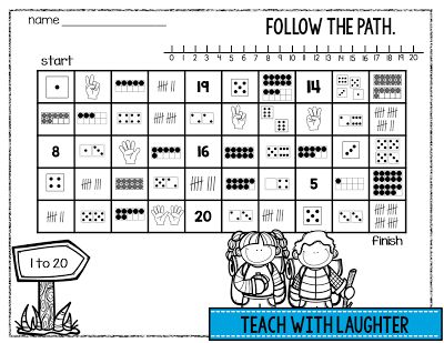 FREE number maze 1-20 - follow a path of ten frames, tallies, dice, dominoes and fingers Build Math Centers, Number Maze, Representing Numbers, First Grade Freebies, Numbers To 20, Math Number Sense, Numbers Kindergarten, Math Groups, Math Intervention