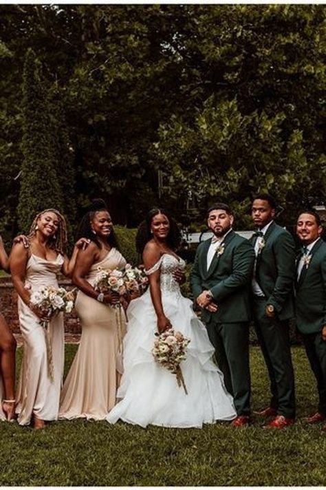 Gold And Green Bridal Party, Hunter Green Wedding Party, Green And Gold Bridal Party, Gold And Green Bridesmaid Dresses, Champagne And Green Bridesmaid Dresses, Green And Gold Wedding Party, Green And Gold Bridesmaid Dresses, Green Champagne Wedding, Green And Champagne Wedding