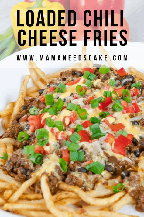 These loaded chili cheese fries are made with french fries, homemade chili, and cheddar cheese sauce and topped with green onions, red peppers, and diced tomatoes. This recipe makes a great game day recipe that everyone loves! Try out this amazing, mouth-watering recipe today! French Fries Homemade, Chili Cheese Fries Recipe, Loaded Chili, Fries Homemade, Fries Cheese, Fries Recipes, Recipes Chili, Chili Fries, Chili Cheese Fries