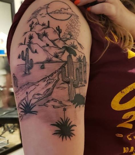 South Western Tattoo Ideas, Texas Desert Tattoo, Desert Half Sleeve Tattoo, Mountain And Desert Tattoo, Desert Theme Sleeve Tattoo, Cactus Landscape Tattoo, Mens Western Sleeve Tattoo, Sonoran Desert Tattoo, Upper Arms Tattoos For Women