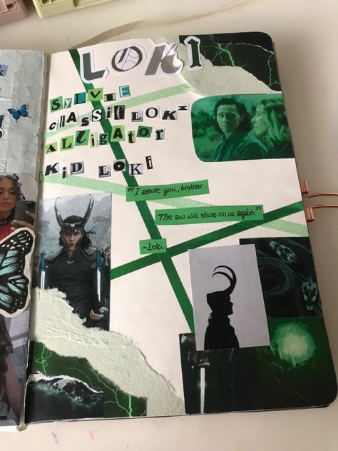 #loki #scrapbooking Loki Journal Ideas, Marvel Scrapbook Ideas, Journal Things To Print, Loki Painting, Marvel Sketchbook, Lizzie Core, Movie Journaling, Marvel Scrapbook, Marvel Journal