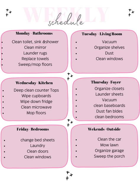 Cleaning schedule | Weekly cleaning, House cleaning checklist. Clean House Organization, Routine House Cleaning, Cleaning Lists By Room, Maintenance Routine List, Dorm Cleaning Schedule, Manageable Cleaning Schedule, House Cleaning Schedule, Bullet Journal Cleaning Schedule, Cleaning Baseboards