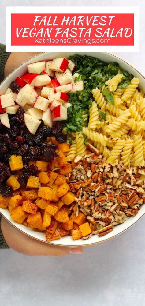 Veggie Side Dishes Dairy Free, Fall Veggie Pasta, Fall Vegan Salad Recipes, Vegan Fall Food, Fall Salad Vegan, Butternut Pasta Salad, Autumn Pasta Salad Recipes, Vegan Dishes For Thanksgiving, Vegan Fall Pasta Recipes