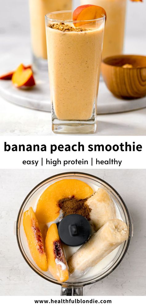 This 5-ingredient refreshing and simple banana peach smoothie is protein-packed, healthy, and makes for the perfect breakfast or snack. Made with simple ingredients like Greek yogurt, banana, ice, and frozen or fresh peaches. Peach Smoothie Recipes Healthy, Peach Banana Smoothie, Peach Healthy, Healthy Protein Smoothies, Peach Smoothie Recipes, Banana Smoothie Healthy, Yogurt Banana, Banana Protein Smoothie, Banana Apple Smoothie