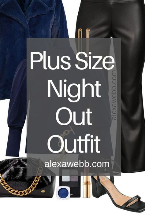 Plus Size Night Out Outfits with Walmart - This plus size date night outfit is perfect for fall and winter. Wear it to a holiday party or a dinner. Plus size flare faux leather pants and a turtleneck will keep you warm but chic. Alexa Webb Black Faux Leather Pants Outfit Plus Size, Plus Size Formal Pants Outfit, Casual Dinner Outfit Winter Plus Size, How To Style Leather Pants Plus Size, Night Out Outfit Classy Plus Size, Leather Pants Outfit Plus Size Style, Dinner Outfit Winter Plus Size, Plus Size Fancy Dinner Outfit, Casino Night Party Outfit Plus Size