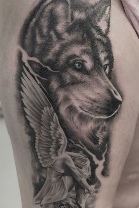 Christian Wolf Tattoo, Demonic Wolf Tattoo, Wolf Tattoo Ideas For Women Half Sleeves, Wolf Angel Tattoo, Wolf And Angel Tattoo, Father Daughter Wolf Tattoos, Wolf With Wings Tattoo, Wolf And Eagle Tattoo, Tattoos For Women Dog