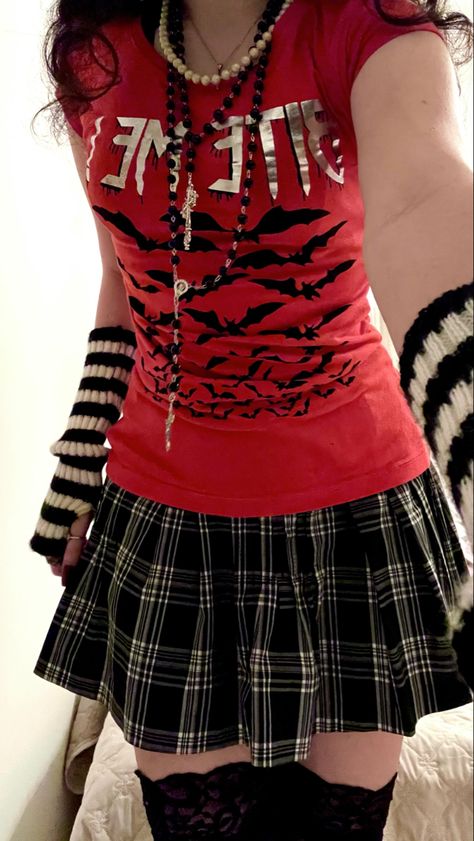 Suspended Skirt Outfit, Red Scene Outfits, Red Plaid Skirt Outfit Grunge, Red Emo Outfits, Punk Skirt Outfit, Emo Skirt Outfits, Black Striped Shirt Outfit, Red Grunge Outfit, Red Plaid Skirt Outfit