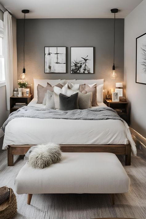 Small Apartment Interior Design Modern Bedroom, Guest Bedroom Ideas Grey Walls, Small Cozy Bedroom Ideas For Couples, Bedroom Couple Ideas, Small Guest Bedroom Ideas Cozy, Bedroom Inspirations For Couples, Guest Bedroom Ideas Cozy Modern, Cozy Warm Bedroom, Small Master Bedrooms Decor