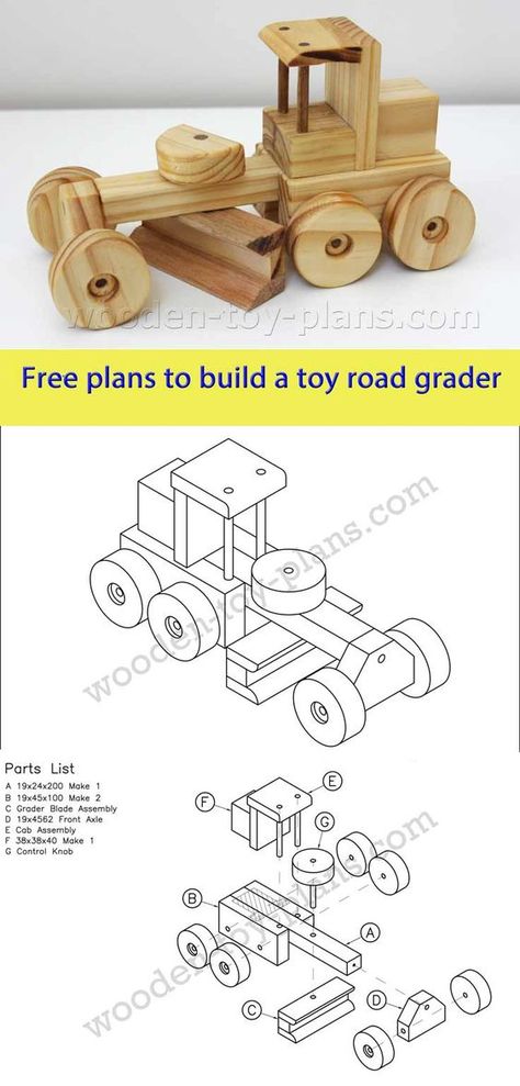 Download free printable plans to build this toy road grader. Plans include step by step instructions and photos. #woodtoy Wooden Toy Plans Free, Wooden Toys Plans Free Download, Wooden Toy Trucks Plans Free, Wooden Toys Plans Free, Diy Wooden Toys, Diy Wooden Toys Plans, Toy Road, Wooden Toys Diy, Wooden Toy Trucks