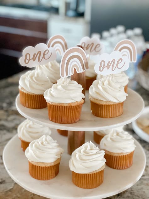 Boho 1st Birthday Cupcakes, Muted Rainbow Party Decor, First Birthday Party Rainbow, Boho Rainbow Cupcakes Ideas, Boho Birthday Cupcakes, Rainbow Theme First Birthday Girl, 1st Birthday Girl Rainbow Theme, First Birthday Girl Rainbow Theme, 1 Year Baby Girl Birthday Decoration