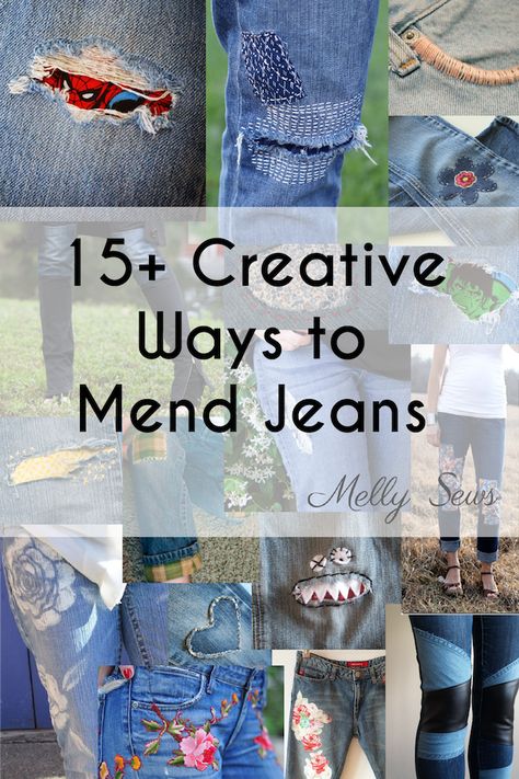 Creative Jeans Mending Tutorials - sewing inspiration roundup from Melly Sews - diy fashion fixes Blue Jean Patches Ideas, How To Mend Jeans With Embroidery, Adding Patches To Jeans, Patched Jeans Diy Ideas, How To Add Patches To Jeans, Patching Jeans With Fabric, Cute Patches For Jeans, Patch Jeans Diy Tutorials, Cool Ways To Patch Holes In Jeans