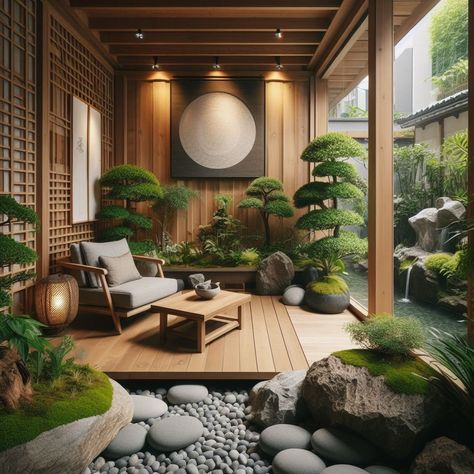 Indoor Zen Gardens: Tranquil Corner in the Home Asian Deck Ideas, Zen Garden Small Backyard, Japanese Zen Garden Design, Beautiful Corners In The House, Home Japanese Garden, Japanese Tea Garden Backyard, Japanese Outdoor Decor, Asian Design Interior, Japandi Garden Design