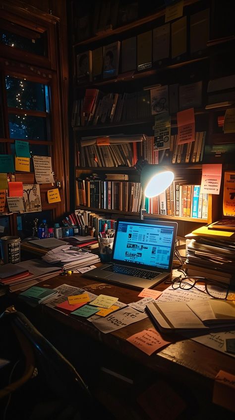 Cozy Study Corner: A warmly lit desk cluttered with books and papers, nestled in a cozy, book-filled study. #study #books #desk #lamp #cozy #aiart #aiphoto #stockcake ⬇️ Download and 📝 Prompt 👉 https://ayr.app/l/4eVm Cozy Study Aesthetic, Cozy Study, Study Books, Corner Ideas, Cozy Desk, Study Corner, Bedroom Desk, Study Desk, Study Table