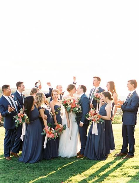 Bridal Party Navy Dresses, Navy Blue Suits And Bridesmaid Dresses, Navy Wedding Bright Flowers, All Navy Bridal Party, Navy Wedding Party Attire, Wedding Party Blue Suits, Bridal Party Navy Suits, All Navy Wedding Party, Navy Bridesmaids And Groomsmen