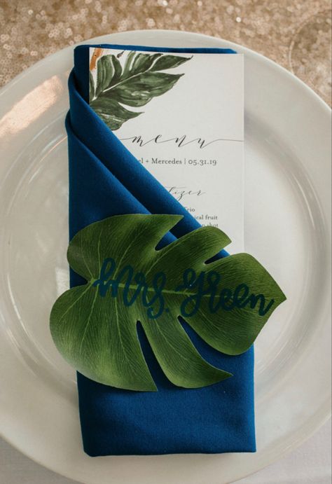 Tropical Blue Wedding Theme, Tropical Place Cards, Tropical Theme Corporate Event, Tropical Seating Chart Wedding, Tropical Place Setting, Teal Tropical Wedding, Hawaiian Wedding Color Palette, Tropical Wedding Place Setting, Tropical Wedding Seating Chart