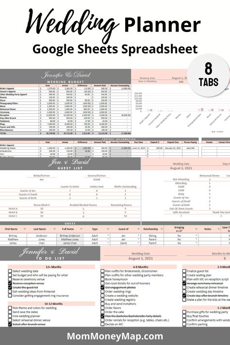 Wedding Planner Google Sheets Spreadsheet - Pink budgetplanning #organisationideasplanners #digitalplannersticker #dayplanner☘ Wedding Planner Spreadsheet, Wedding Budget Spreadsheet, Wedding Budget Template, Wedding Planning Templates, Planning List, Budget Expenses, The Wedding Planner, Bridal Shower Planning, Wedding Guest List