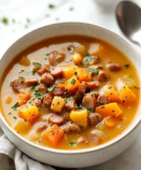 Hearty sausage and sweet potato soup packed with flavorful sausage, tender sweet potatoes, and spices. Ready in 45 minutes! Sweet Potato Sausage Chili, Italian Sausage Sweet Potato Soup, Sweet Potato And Sausage Soup, Ham And Sweet Potato Soup, Sweet Potato Sausage Soup, Sweet Potato Soups, Sausage And Sweet Potato Soup, Sweet Potato Skins Recipe, Sausage And Sweet Potato