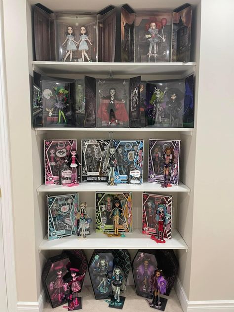 Cute Collection Ideas, Doll Display Ideas, Doll Collection Display, Doll Collection, Monster High Collection Aesthetic, Monster High Doll Display Ideas, Monster High Display, Monster High Shelf, Monster High Collection Display