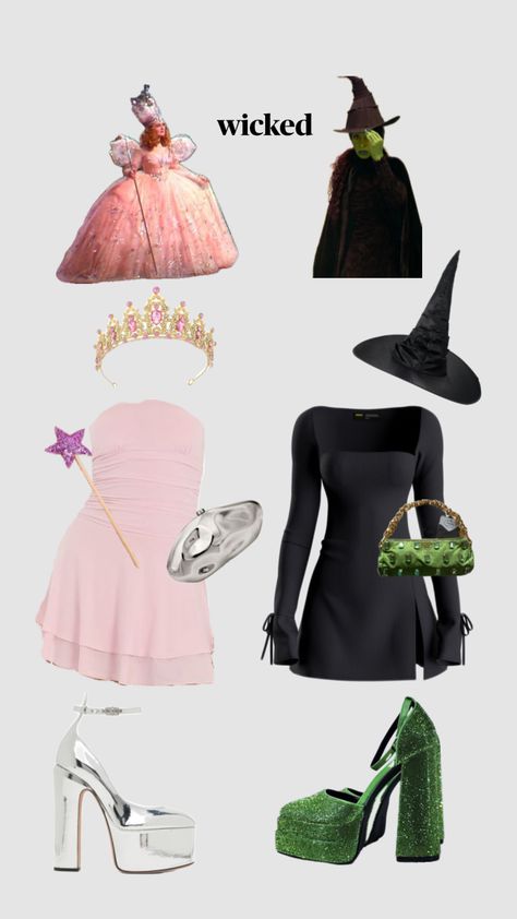 Elphaba And Fiyero Costumes, Glinda And Elphaba Inspired Outfits, Wanda And Agatha Costume, Wicked Glinda Outfit Ideas, The Wicked Witch Of The West Costume, Wicked Outfit Ideas Glenda, Wicked Halloween Costume Ideas, Wicked Themed Outfit, Elphaba Costume Diy