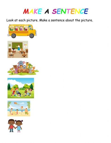 Making Sentences With Pictures Worksheets Simple Sentences Activities, Sentence Making, Volume Math, Making Sentences, Character Motivation, Sentence Activities, Abc Worksheets, Cursive Writing Worksheets, Alphabet Worksheets Kindergarten