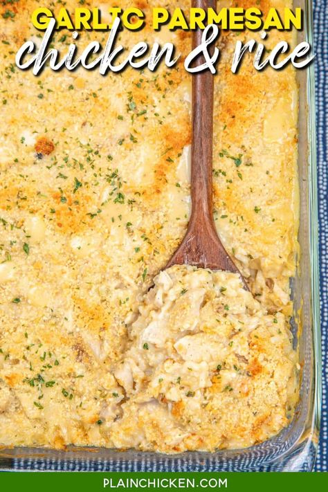 Garlic Parmesan Chicken & Rice Casserole Recipe - This easy-to-make dish features tender rotisserie chicken, rice, creamy soups, savory garlic and herb seasoning, chicken broth, milk, and a cheesy Parmesan topping. Perfect for a cozy family meal. It's ready in under an hour and sure to become a favorite. Parmesan Chicken And Rice Casserole, Chicken Rice Casserole Raw Chicken, Garlic Parm Chicken And Rice, Chicken And Rice With Instant Rice, Main Dish With Rice, Rotisserie Chicken Mashed Potatoes, Rotisserie Chicken And Rice Recipes Easy, Chicken In Rice Casserole, Chicken Snd Rice Bake