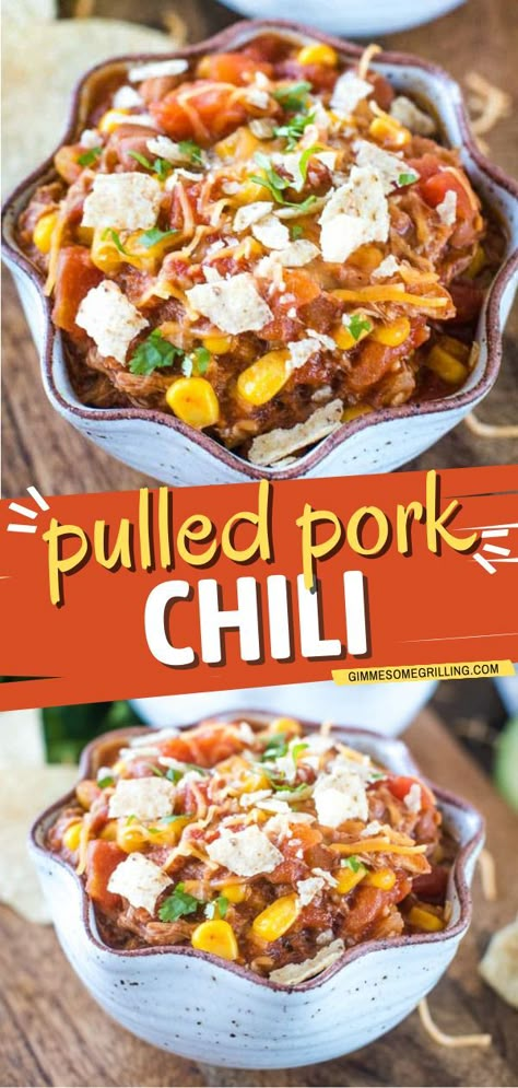 Pulled Pork Chili, Comfort food, summer dinner ideas, easy main dishes Pulled Pork Chili Recipe, Pulled Pork Leftover, Backyard Bbq Appetizers, Pork Leftover Recipes, Pork Chili Recipe, Shredded Pork Recipes, Pulled Pork Chili, Pulled Pork Leftover Recipes, Leftover Pulled Pork