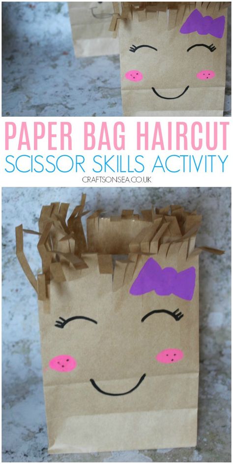 Paper bag haircut scissor skills activity preschool easy #kidsactivities #scissorskills #preschool Bag Haircut, Easy Preschool Activities, Scissors Skills, Activity Preschool, Paper Bag Crafts, Preschool Fine Motor, Scissor Skills, Daycare Activities, Community Helpers