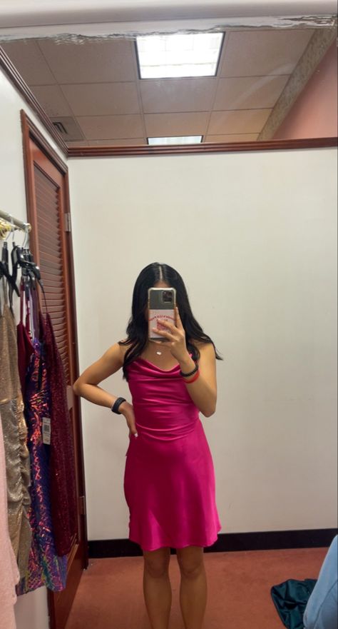 Hot Pink Dama Dresses, Hot Pink Silk Dress Short, Hot Pink Silk Dress, Hot Pink Hoco Dress, Hot Pink Homecoming Dress, Pink Quince, Dance Aesthetic, Quinceanera Cakes, Silk Dress Short