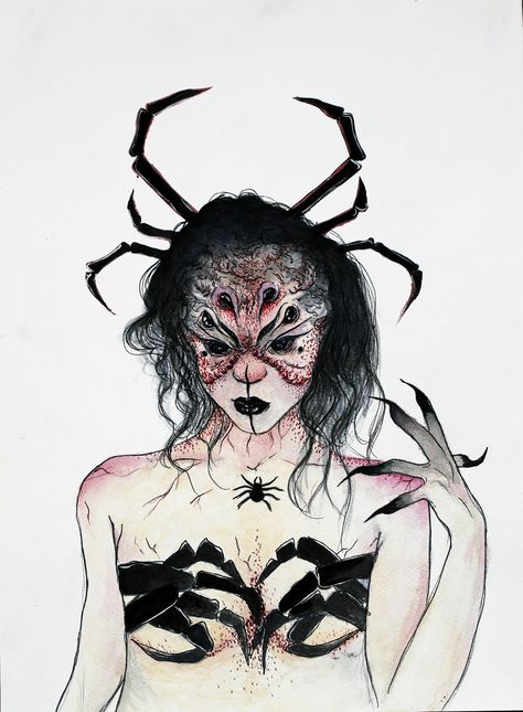 watercolor illustration - spider woman Spider Woman Drawing, Spider Character Design, Spider Creature, Spooky Flash, Spider Lady, Spider Face, Winter Witch, Spider People, Creature Ideas