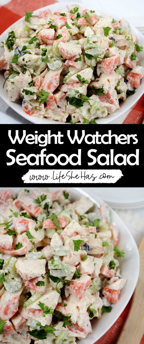 Seafood Salad - Life She Has Weight Watchers Seafood Salad, Low Calorie Crab Salad, Healthy Seafood Salad Recipes, Cottage Cheese Shrimp Salad, Crab Healthy Recipes, Crab Salad Healthy, Homemade Seafood Salad, Keto Cold Salad Recipes, Weight Watchers Crab Salad