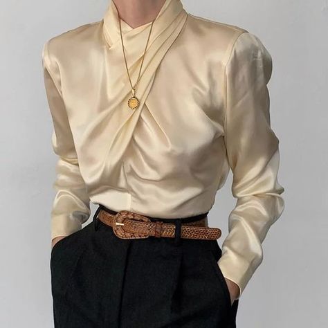 Long Sleeves Shirts, Stand Collar Blouse, Satin Blouses, 2023 Autumn, 가을 패션, Collar Blouse, Mode Vintage, Office Lady, Character Outfits