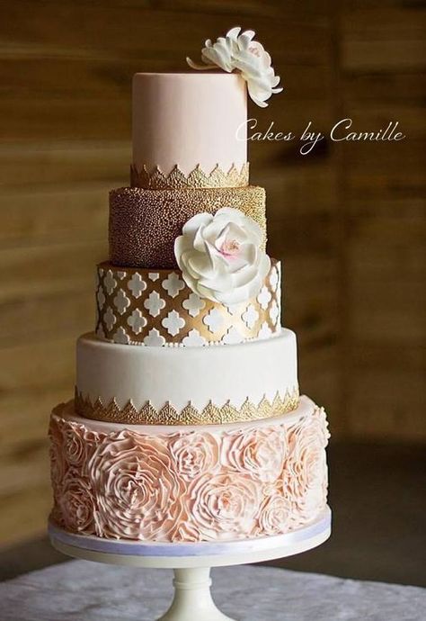 #shaadiwish #indianwedding #cake #cakeideas #cakedecorating #cakedesign #weddingcake #weddingcakes #fancycake #uniquecakedesigns #pinterest #multilayeredcake Blush Wedding Cakes, Quinceanera Cakes, Gold Decorations, Creative Wedding Cakes, Wedding Cake Pictures, Pink And Gold Wedding, Pink Wedding Cake, Amazing Wedding Cakes, Gold Wedding Cake