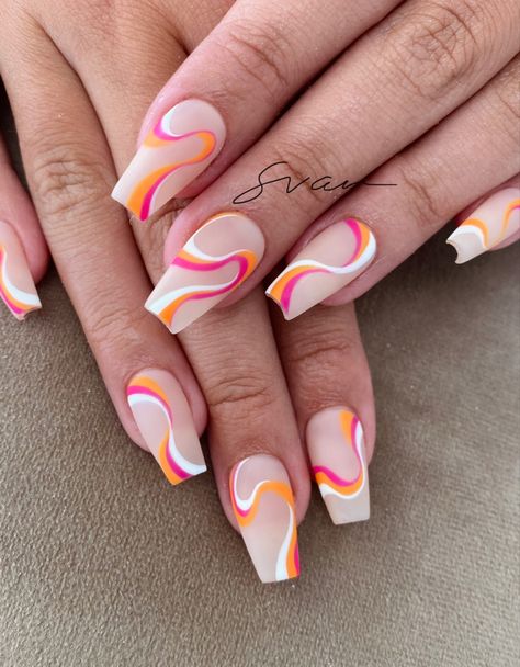 Swirl Nails Summer, Sunset Swirl Nails, Neon Pink Abstract Nails, Orange French Tip Swirl Nails, Neon Swirls Nails, Nail Art Designs Pink And Orange, Abstract Swirl Nail Art, Orange Nail Swirls, Red And Orange Swirl Nails