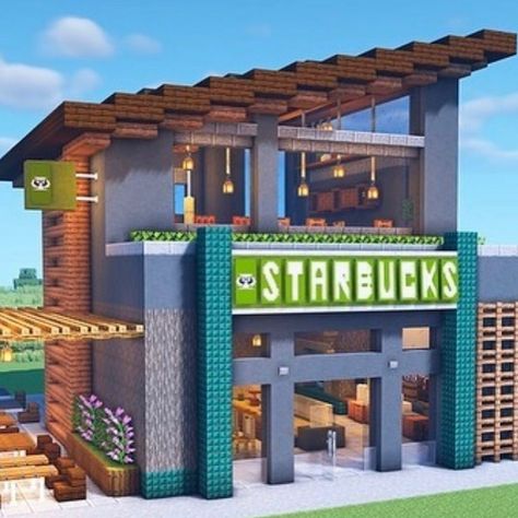 Minecraft Starbucks, Minecraft Restaurant, Minecraft Stores, Disney Minecraft, Minecraft Modern City, Minecraft Shops, Modern Minecraft Houses, Minecraft City Buildings, Rumah Minecraft Sederhana