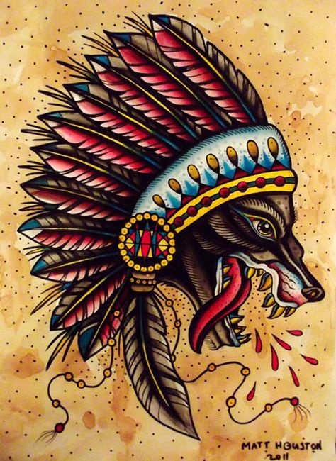 Wolf with headdress Tatoo Dog, Headdress Tattoo, Indian Wolf, Indian Headdress, Geniale Tattoos, Traditional Ink, American Tattoos, Tattoos Art, Traditional Tattoo Design