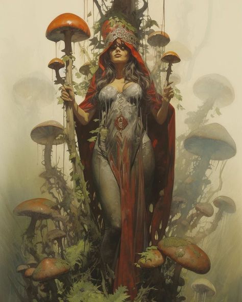 Dark fantasy mushroom witch in the 1970's style. #darkfantasy #dungeonsanddragons #fantasy #dnd #midjourney #aiart #ai #goblincore #cottagecore #witchcore #witch #witchaesthetic #nature Nature Witch Art, Goblin Woman, Mushroom Woman, Mushroom Witch, Mushroom People, Fantasy Mushroom, Mushroom Cottagecore, Nature Witch, Faery Art