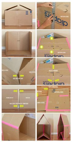 Easy to make cardboard playhouse // Turn a cardboard box into hours of entertainment for your little ones with this DIY collapsible playhouse. This cardboard playhouse was created, especially with small spaces in mind, because when the kids tire of it, the house collapses down flat for easy storage. Cardboard Box Houses, Perlengkapan Bayi Diy, Cardboard Play, Cardboard Playhouse, Carton Diy, Cardboard Box Crafts, Cardboard Toys, Diy Bebe, Cardboard House