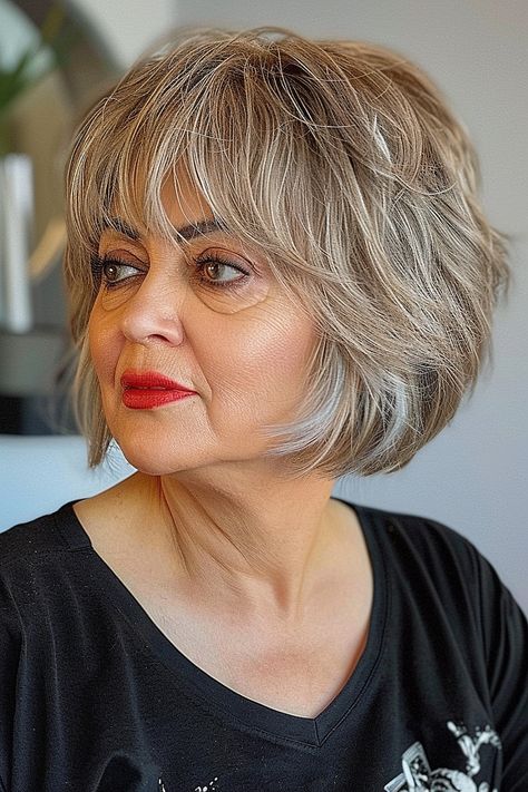 25 Stunning Haircuts with Bangs Perfect for Women Over 60 Feathered Bob With Bangs, Feather Cut For Short Hair, Layered Bob With Bangs Over 50, Bob With Feathered Bangs, Bob With Soft Bangs, Bangs Feathered, Feathered Bob Hairstyles, Feathered Haircut, Feathered Layered Hairstyles