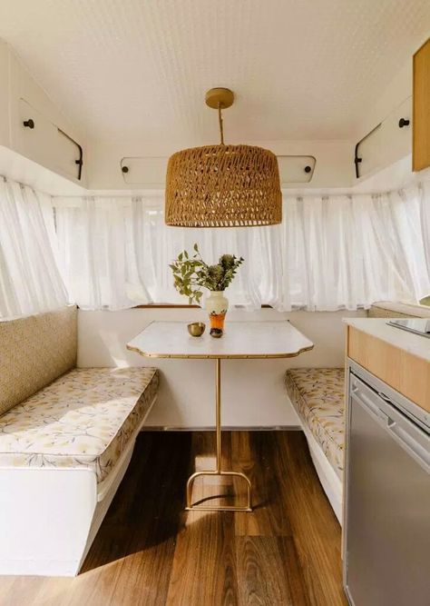 Breakfast nook table Caravan Curtains Ideas, Scamp Renovation, Caravan Curtains, Trillium Trailer, Vintage Caravan Interiors, Caravan Vintage, Custom Mattress, Camping Vintage, Caravan Makeover