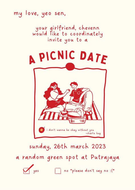 Date Invitation Boyfriend Cute Ideas, Date Invitation Boyfriend, Date Night Invitation, Picnic Branding, Canva Project, Picnic Invitations, Illustrated Invitations, Invite Ideas, Date Invitation