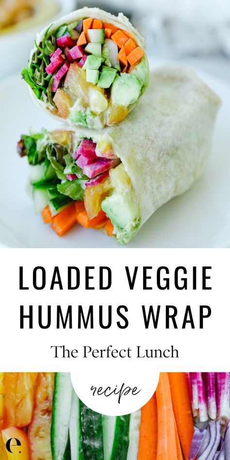 This Loaded Veggie Hummus Wrap Recipe makes 2 to 4 (or more) wraps depending on how big your veggies are when you chop them. Be creative and use what you have on hand. Try to combine smooth textures with crunch textures, and don’t forget to dress your greens before adding them. Elizabeth Rider Healthy Recipes. #ElizabethRider Hummus Wrap Recipe, Veggie Hummus, Veggie Hummus Wrap, Vegetarian Wraps, Veggie Wrap, Zone Recipes, Hummus Wrap, Wrap Recipe, Veggie Wraps