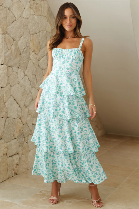 Girl, this dreamy look is waiting for you. The Letting Sunshine In Maxi Dress features a tie-up back design and a gorgeous tiered skirt. Style with heels or go with sandals for a look we love. #hellomolly Teared Prom Dress, Hoco Dresses Maxi, Sun Dresses For Summer Long, Long Brunch Dress, Easter Prom Dress, Easter Maxi Dress, Pastel Maxi Dress, Cute Maxi Dresses, Brunch Dresses