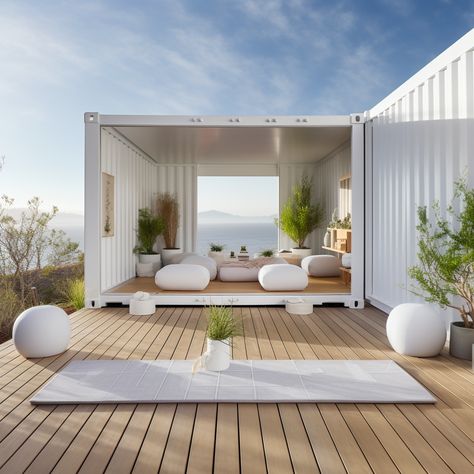 Shipping container home ideas Container Resort Design, White Container House, Container Resort, Ishita Ganguly, Container Home Ideas, Sea Container Homes, Tiny House Luxury, Outdoor Restaurant Design, Beautiful Outdoor Living Spaces