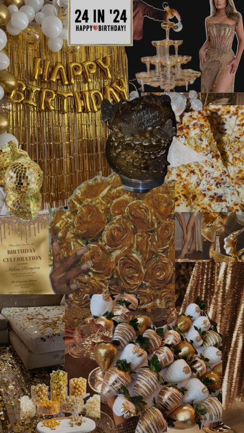 Golden Sweet Sixteen Birthday, Golden Bday Photoshoot, Golden Hour Birthday Theme, Gold And Silver Birthday Theme, Gold Birthday Theme Decoration, 24kt Gold Birthday, 24 Karat Birthday, 24kgoldn Aesthetic Birthday, Glitter And Glamour Party