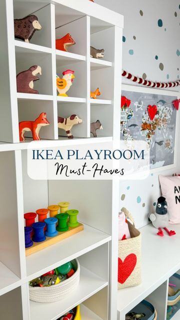 Ikea Cabinet Playroom, Playroom Shelving Ideas, Kallax Toy Storage, Ikea Kallax Playroom, Kallax Playroom, Kallax Inserts, Kallax Kids Room, Toddler Storage, Kallax Insert